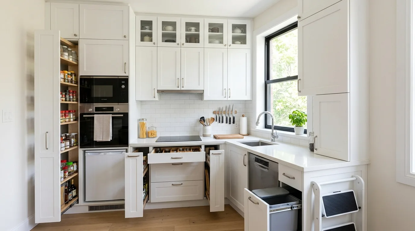 Use glass-front cabinets to lighten bulk inspiration for a bright white kitchen.